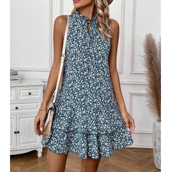 Green Floral Print Collar And Ruffle Trim Hem Dress - Picture 3 of 7
